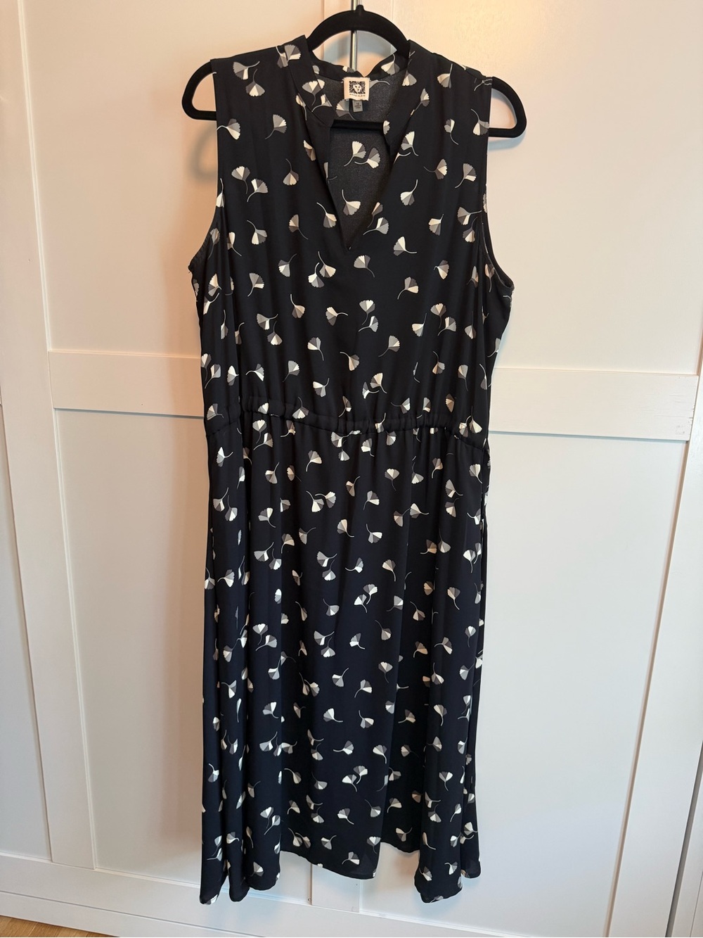 Anne Klein Black Sleeveless Midi Dress with White Petal Print